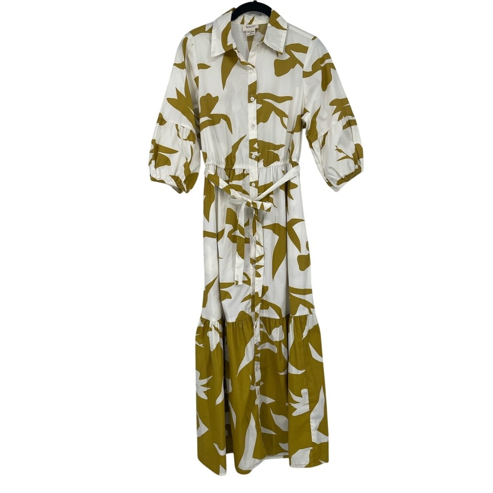 NAOO 100% Cotton White/Chartreuse Abstract Floral Tier Dress with Tie Waist M
